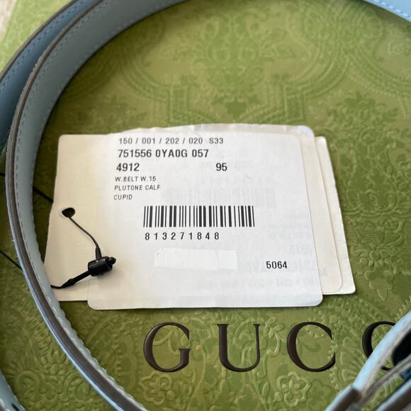 GUCCI Women's Thin Belt w/ Interlocking G Buckle Light Blue Leather SZ 95cm NEW - Picture 11 of 16
